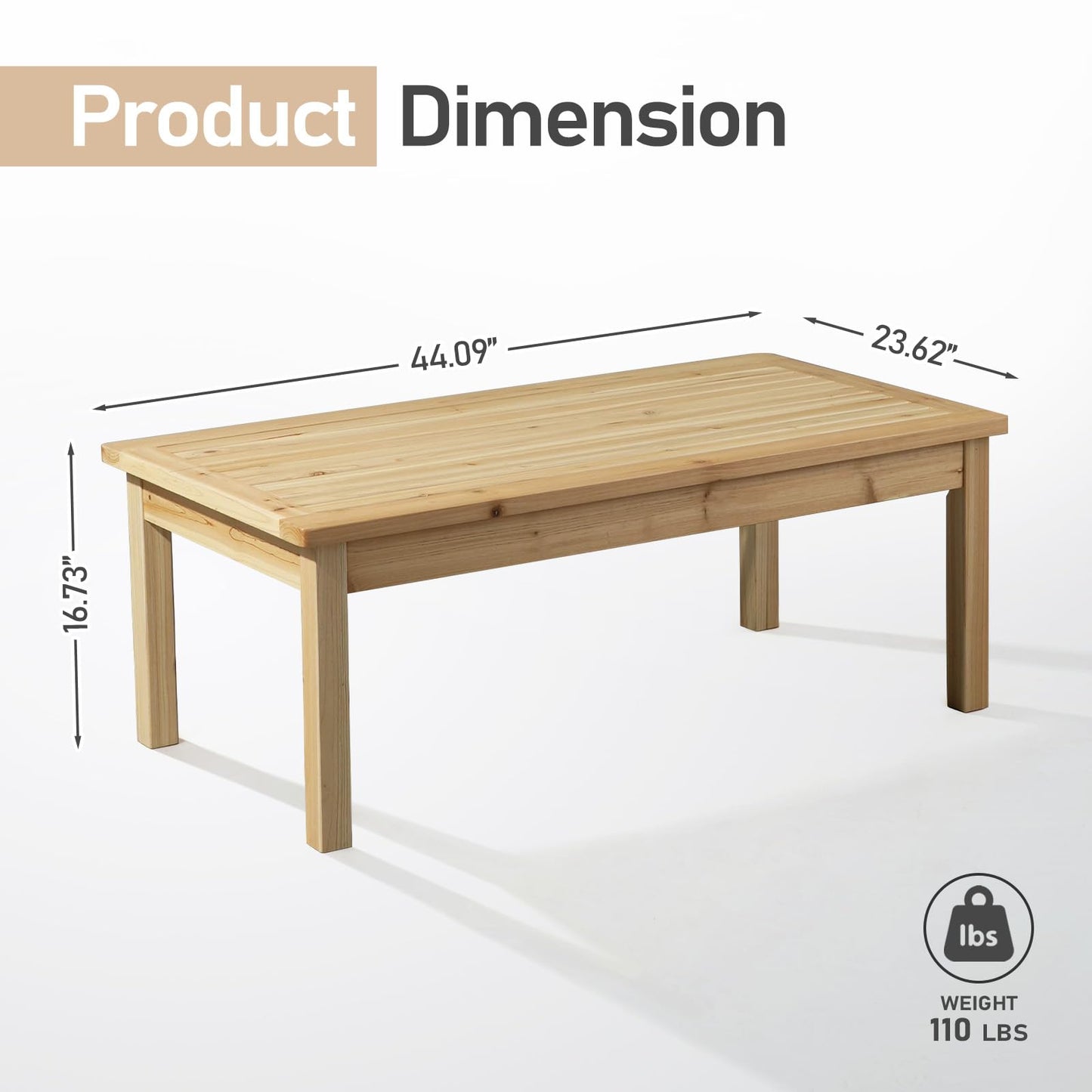 VINGLI Outdoor Wood Coffee Table, 35" Farmhouse Side Table for Patio, Solid Cedar Wood Accent Table with Slatted Tabletop, Weather-Resistant End Table for Garden, Poolside, Lawn, Living Room (Brown)