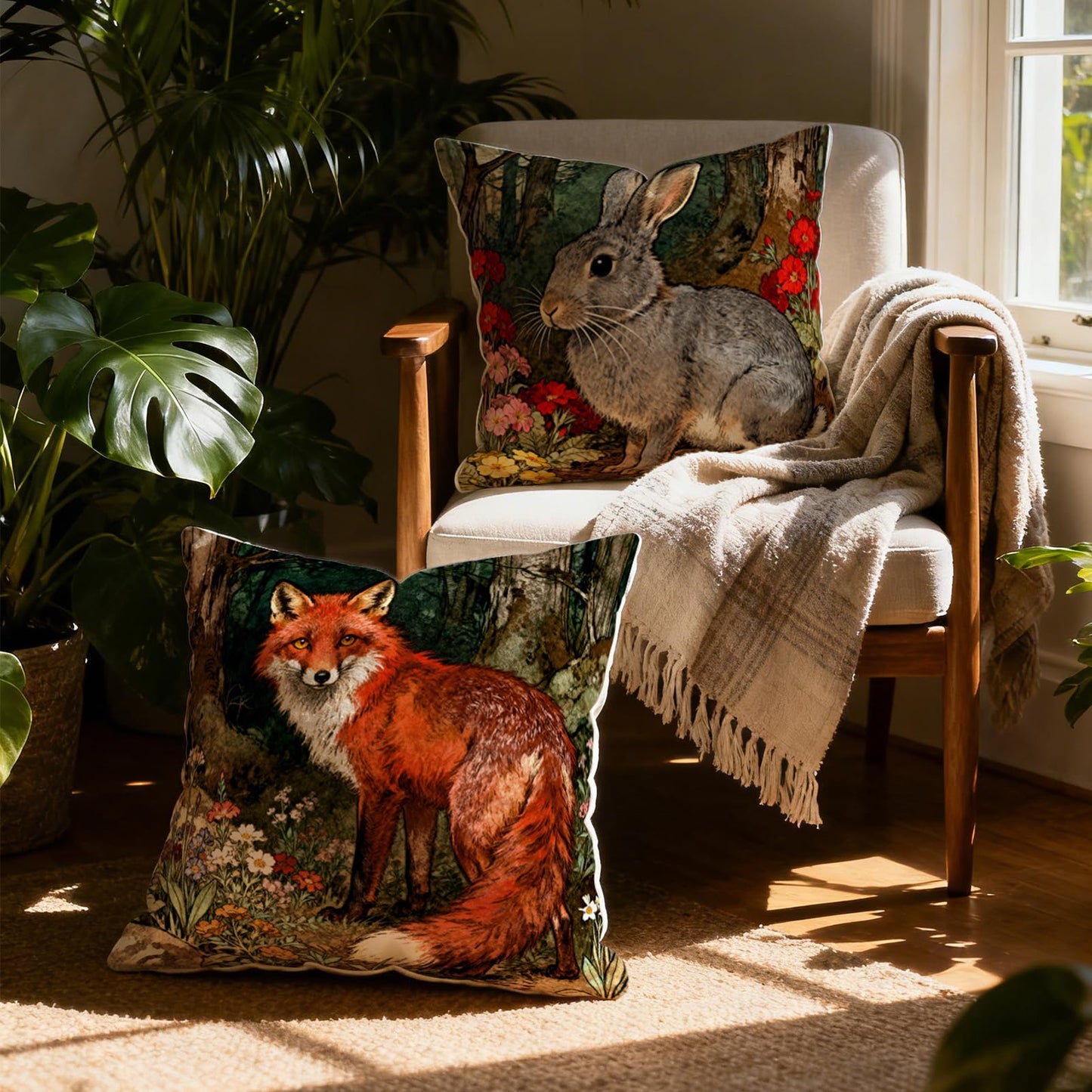 Set of 4 Forest Animals Throw Pillow Covers 18x18 Inch,Deer Fox Rabbit Hedgehog Pillow Covers,Woodland Forest Animal Cushion Case for Outdoor Indoor Living Room Sofa Patio Bedroom Decor