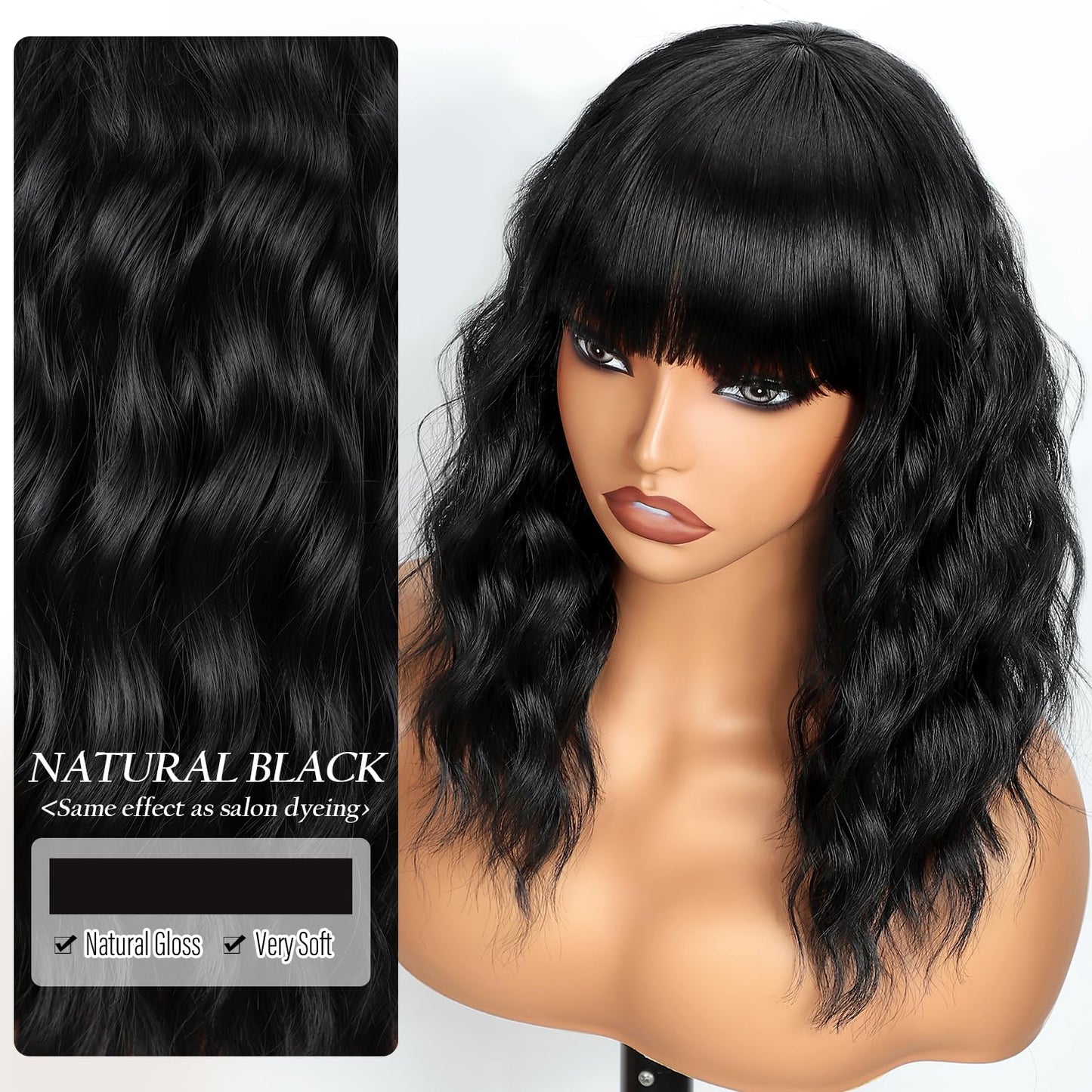Bob Wavy Wigs for Women Reddish Caramel Brown Short Curly Hair Wig with Bangs Shoulder Length Style Synthetic Realistic Heat Resistant Wig for Everyday Hairstyle 16 Inch
