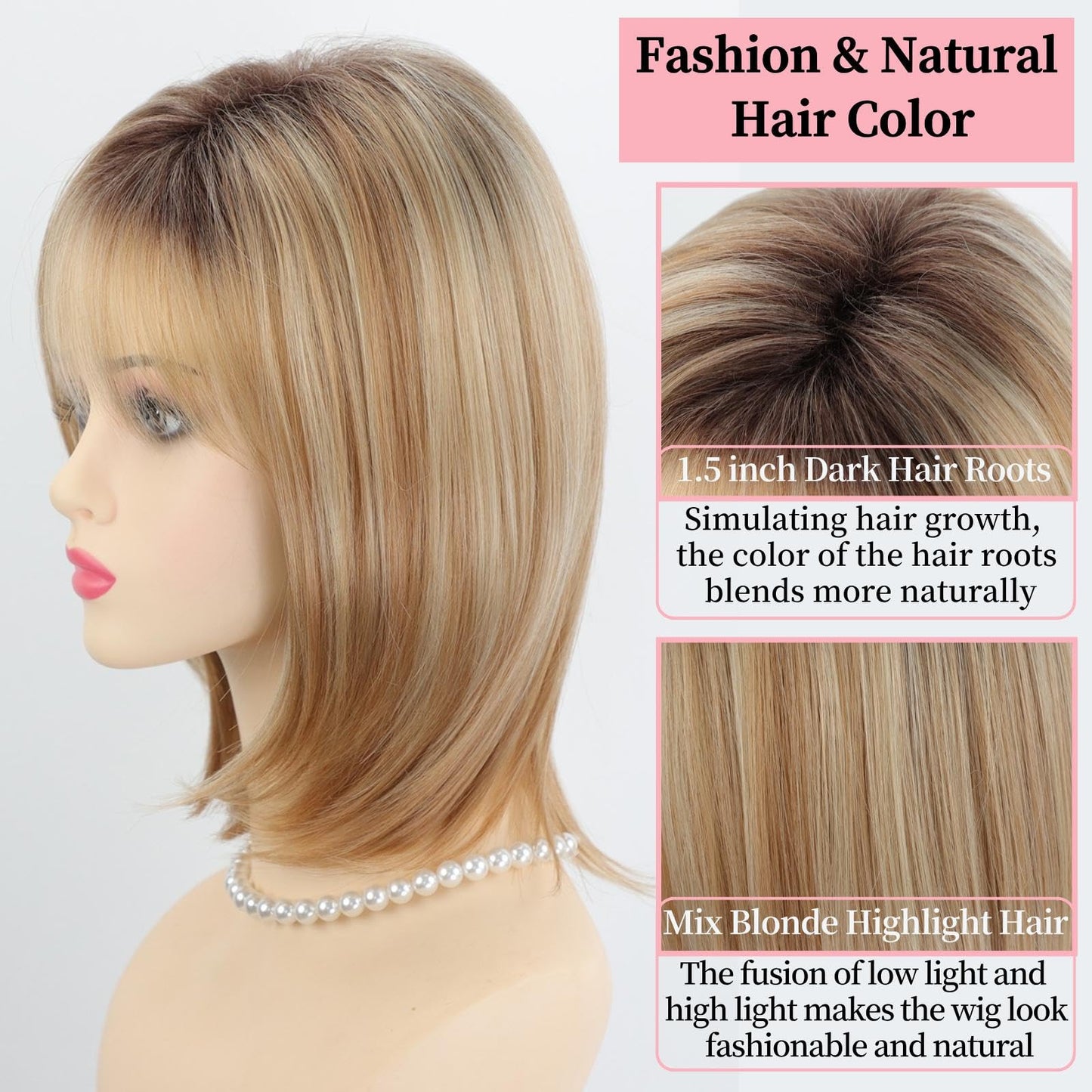 RENERSHOW Medium Length Bob Wigs for White Women Layered Blonde Highlight Straight Pixie Bob Wig with Bangs Heat Synthetic Natural Daily Party Wig 12inch Average Size Wig