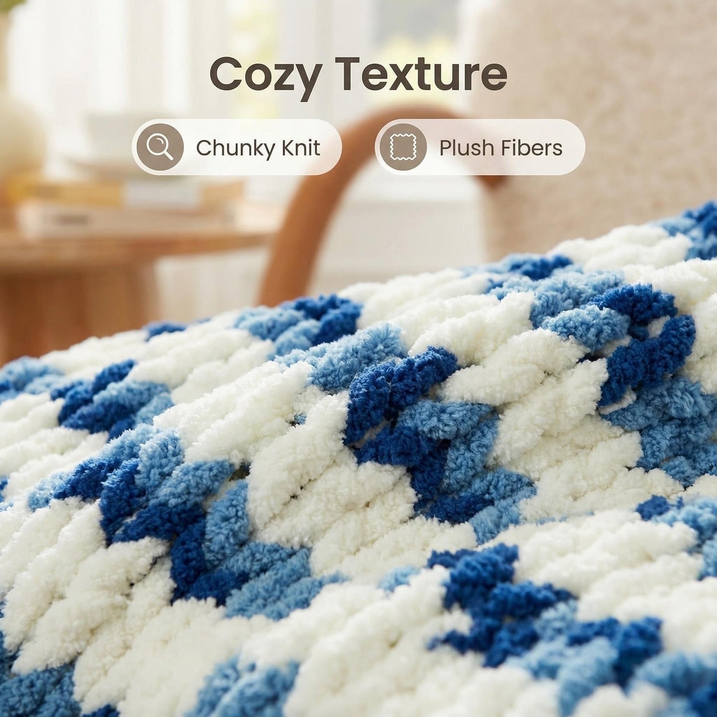 Amélie Home Chunky Knit Throw Blanket for Couch, Soft Chenille Handmade Crochet Throw Rope Knot Blanket for Couch, 50"x60", Space-Dyed Blue Striped