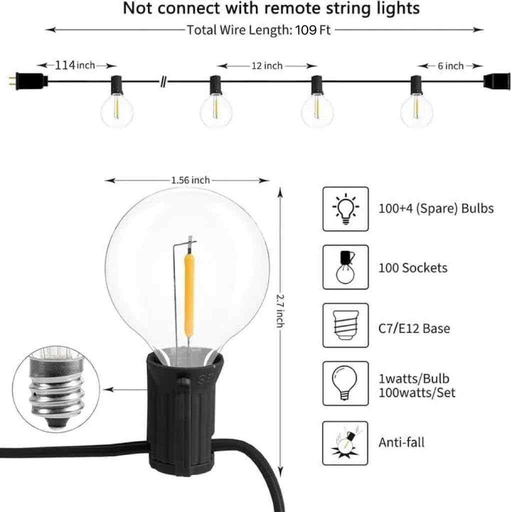 Brightown Outdoor String Lights, 50FT 25 G40 Bulbs Shatterproof Patio Lights, IP65 Waterproof Dimmable Hanging Connectable Globe LED Outdoor Lights for Backyard, Bistro, Porch, Deck, Balcony