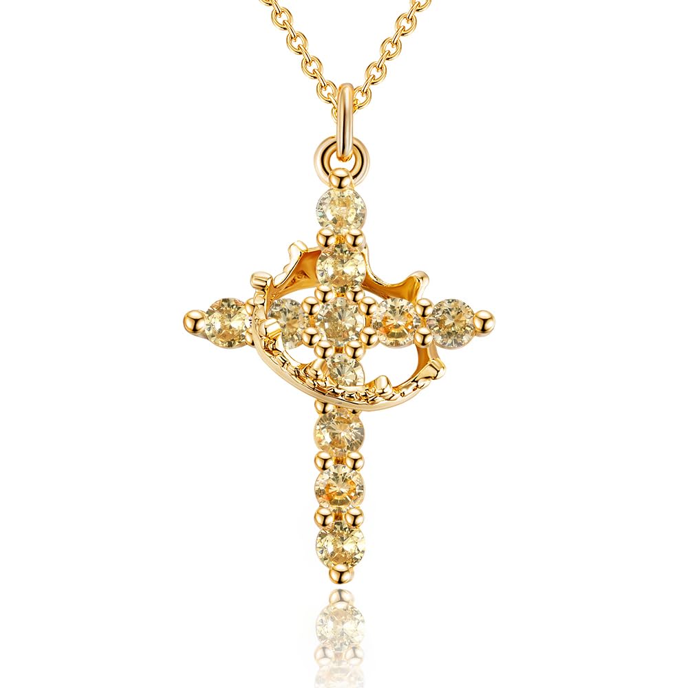 Robaice Cross Necklace for Women, 14K Gold Plated Crown Cross Pendant Necklace, Non-Tarnish Faith Jewelry for Women, Christian Religious Gifts