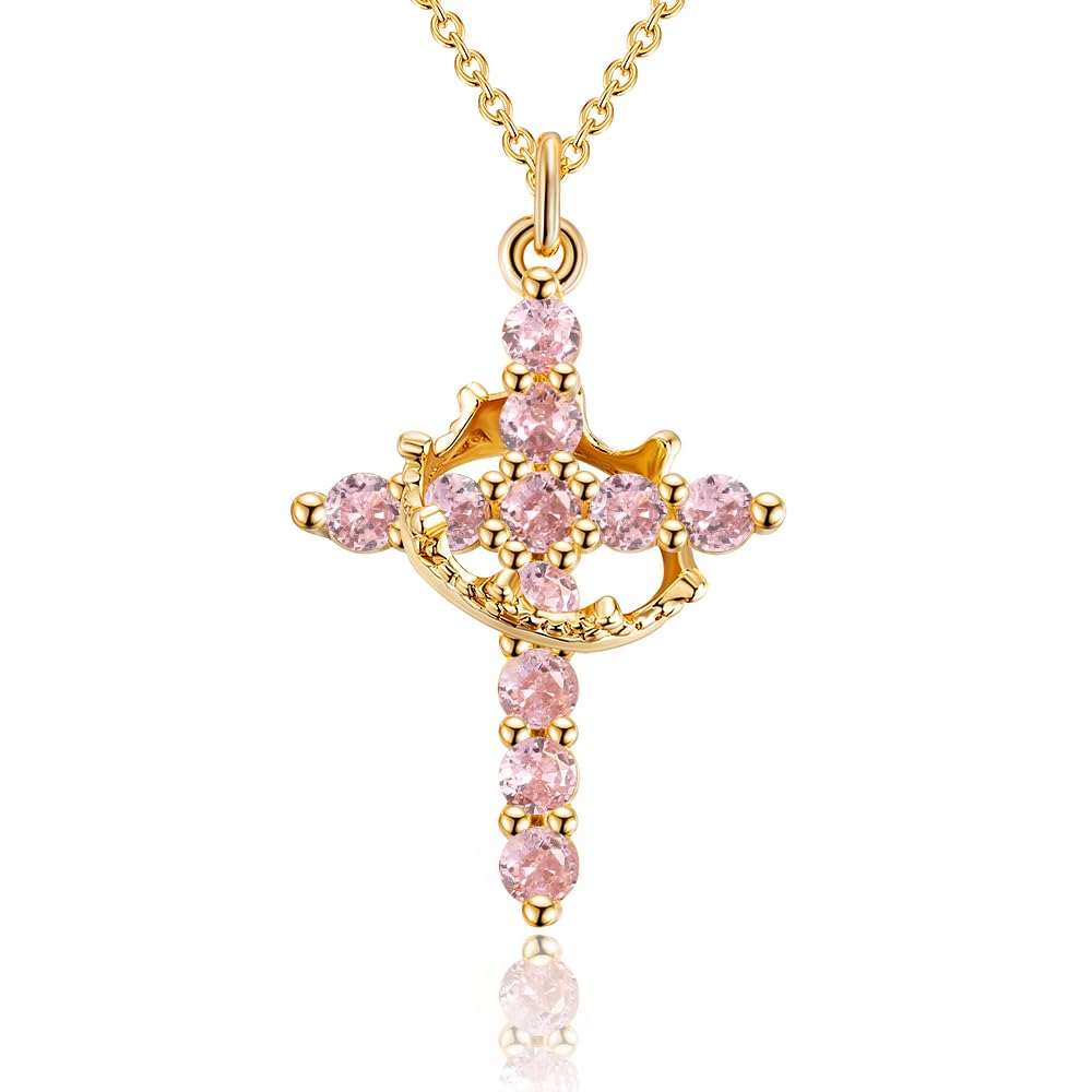 Robaice Cross Necklace for Women, 14K Gold Plated Crown Cross Pendant Necklace, Non-Tarnish Faith Jewelry for Women, Christian Religious Gifts