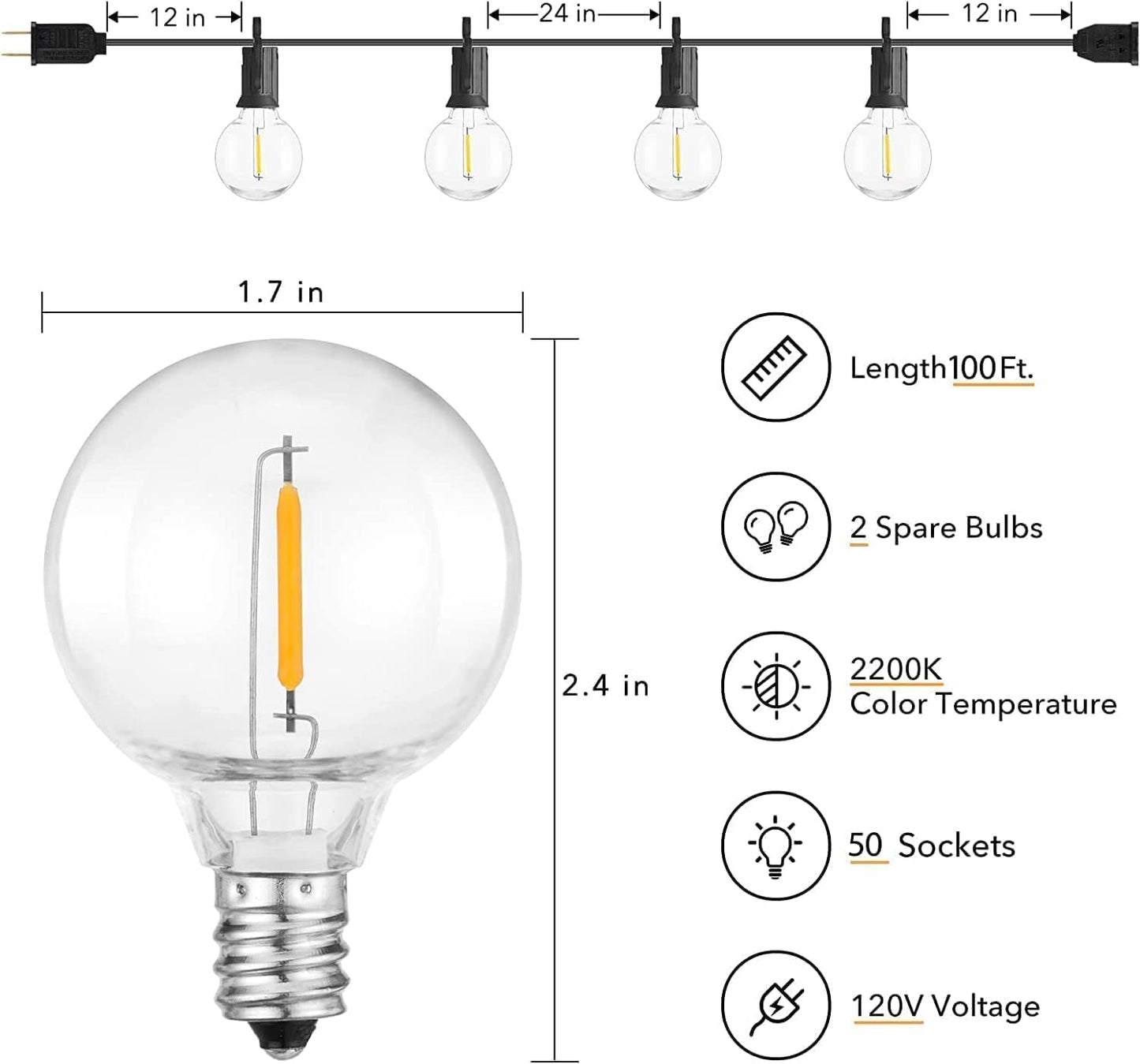 Brightown Outdoor String Lights, 50FT 25 G40 Bulbs Shatterproof Patio Lights, IP65 Waterproof Dimmable Hanging Connectable Globe LED Outdoor Lights for Backyard, Bistro, Porch, Deck, Balcony