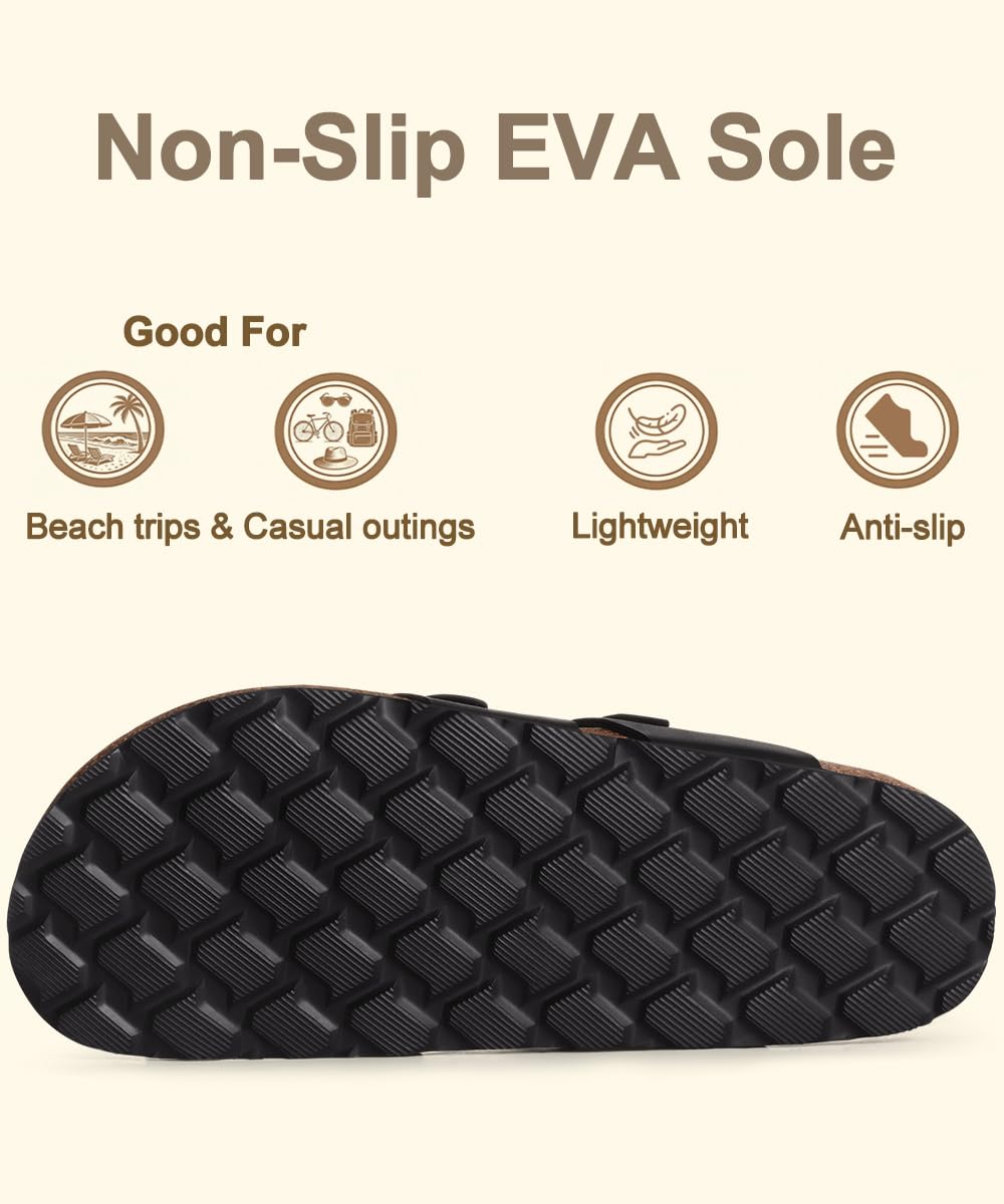 KIDMI Women's Cork Footbed Sandals with Toe Loop, Comfortable Summer Slip-On Slides with Adjustable Buckle