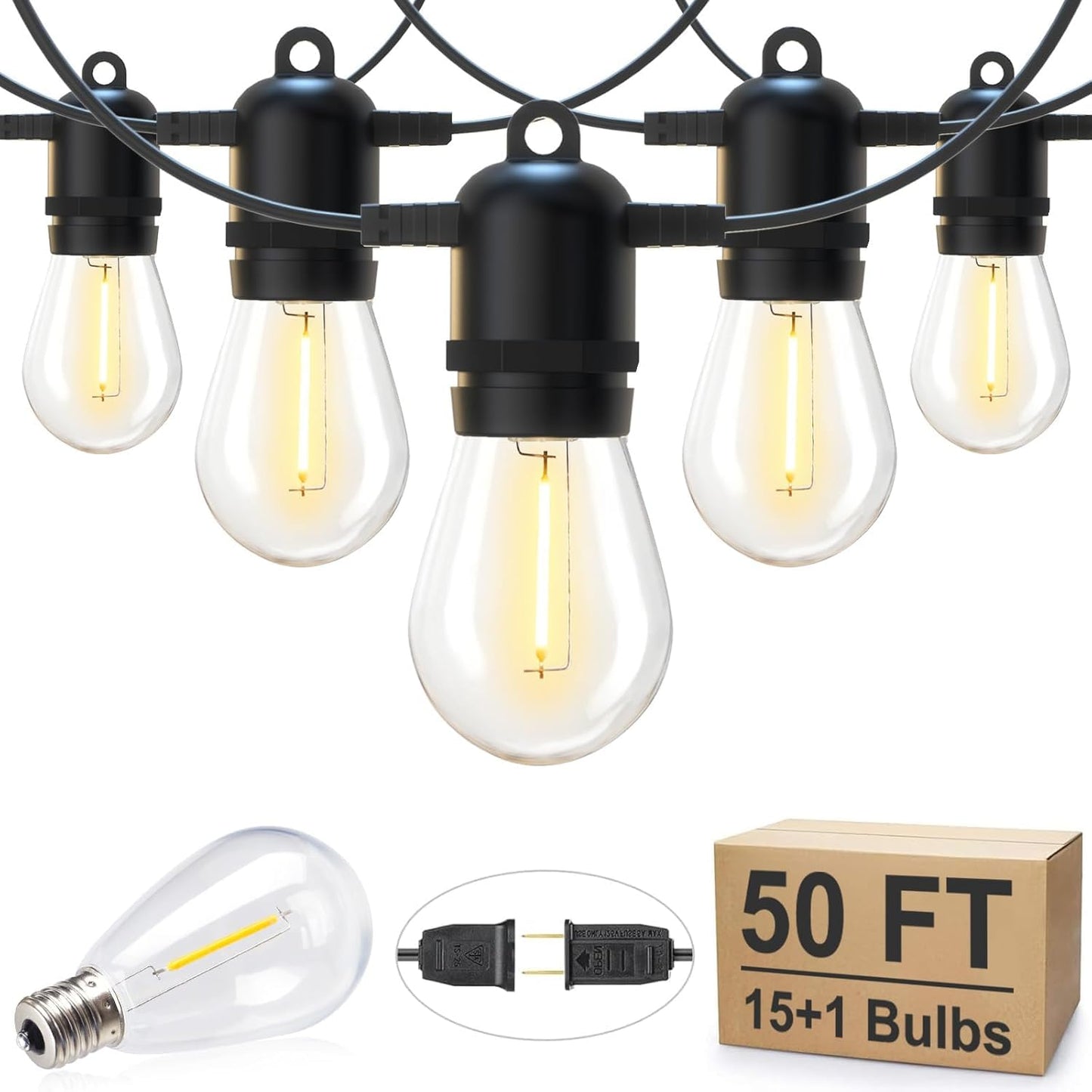 Brightown Outdoor String Lights, 50FT 25 G40 Bulbs Shatterproof Patio Lights, IP65 Waterproof Dimmable Hanging Connectable Globe LED Outdoor Lights for Backyard, Bistro, Porch, Deck, Balcony