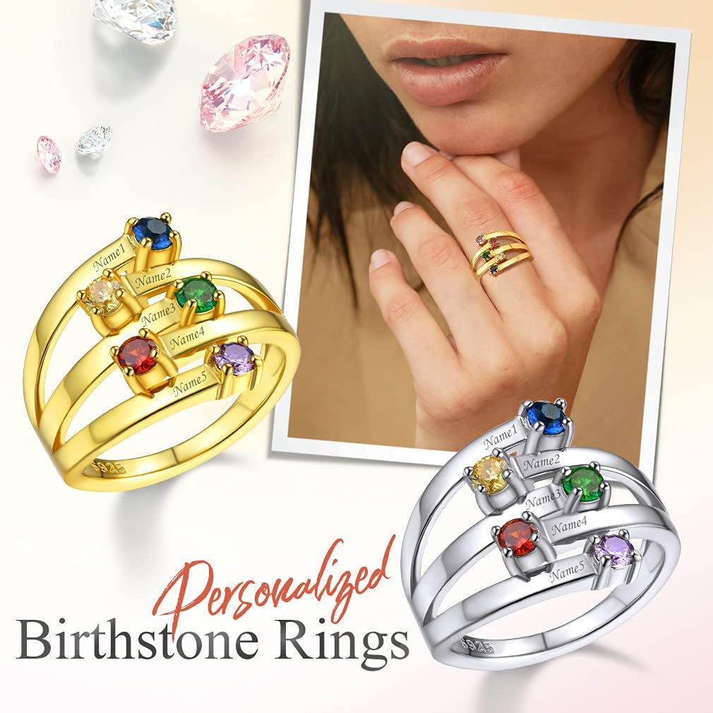 Custom4U Personalized 1-4 Birthstone Rings for Women Promise Rings for Her Sterling Silver Mothers Ring Customized Cubic Zirconia Stones Wedding/Valentine's Day/Mother's Day Jewelry Gift for Mom Wife