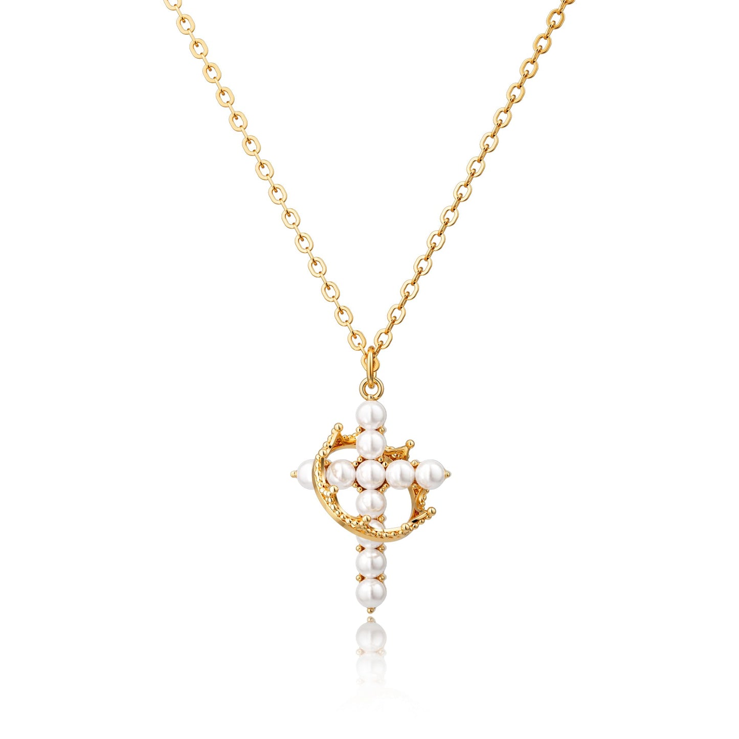 Robaice Cross Necklace for Women, 14K Gold Plated Crown Cross Pendant Necklace, Non-Tarnish Faith Jewelry for Women, Christian Religious Gifts