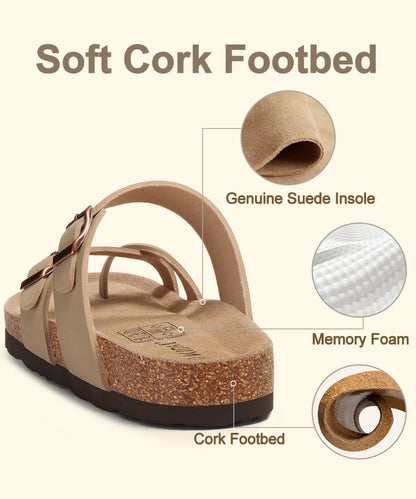 KIDMI Women's Cork Footbed Sandals with Toe Loop, Comfortable Summer Slip-On Slides with Adjustable Buckle