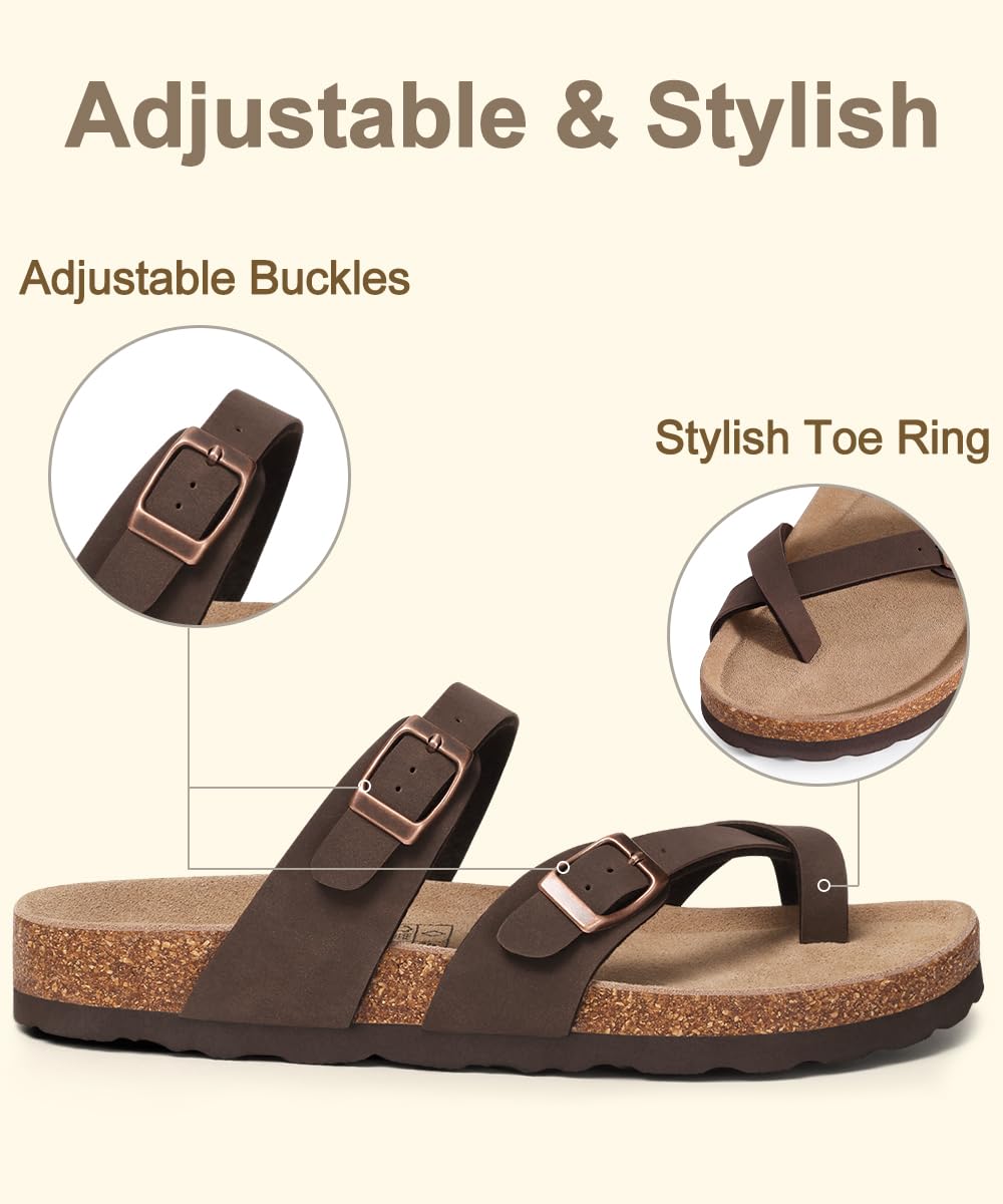 KIDMI Women's Cork Footbed Sandals with Toe Loop, Comfortable Summer Slip-On Slides with Adjustable Buckle