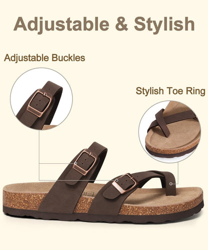 KIDMI Women's Cork Footbed Sandals with Toe Loop, Comfortable Summer Slip-On Slides with Adjustable Buckle