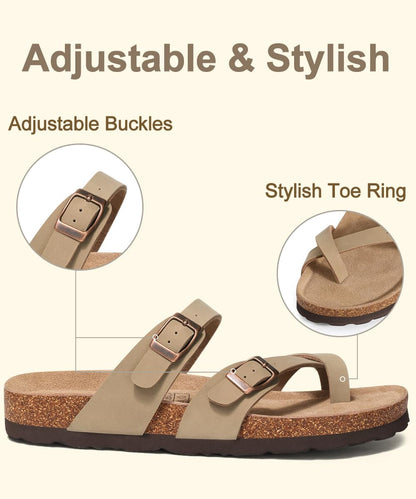 KIDMI Women's Cork Footbed Sandals with Toe Loop, Comfortable Summer Slip-On Slides with Adjustable Buckle