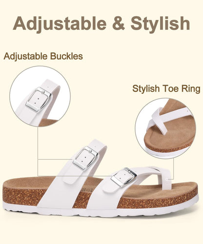 KIDMI Women's Cork Footbed Sandals with Toe Loop, Comfortable Summer Slip-On Slides with Adjustable Buckle