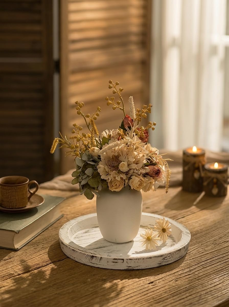 Hanobe Candle Plate Holder Tray: Round Wood Decorative Candle Plate - Rustic Farmhouse CoffeeTable Decor - Tealight Pillar Trays for Home Decor (Distressed)