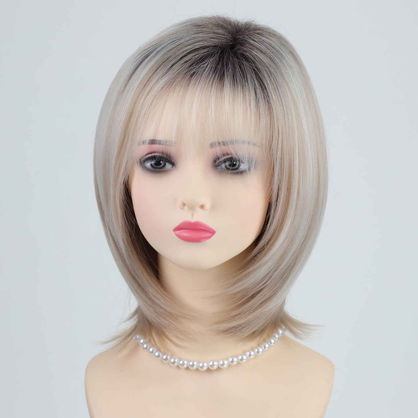 RENERSHOW Medium Length Bob Wigs for White Women Layered Blonde Highlight Straight Pixie Bob Wig with Bangs Heat Synthetic Natural Daily Party Wig 12inch Average Size Wig
