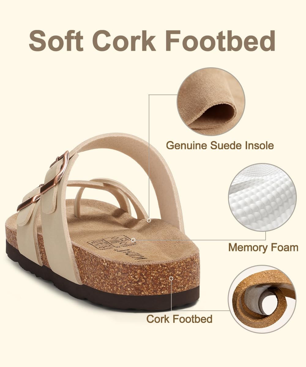 KIDMI Women's Cork Footbed Sandals with Toe Loop, Comfortable Summer Slip-On Slides with Adjustable Buckle