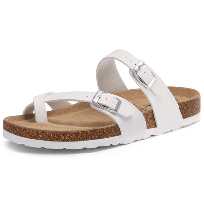 KIDMI Women's Cork Footbed Sandals with Toe Loop, Comfortable Summer Slip-On Slides with Adjustable Buckle