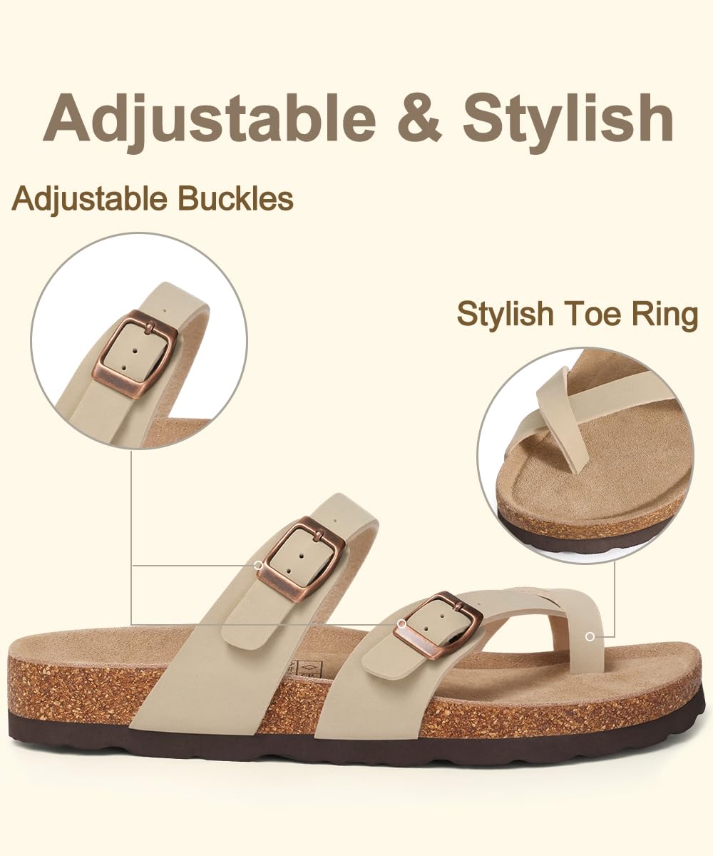 KIDMI Women's Cork Footbed Sandals with Toe Loop, Comfortable Summer Slip-On Slides with Adjustable Buckle
