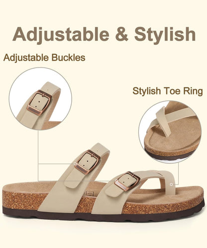 KIDMI Women's Cork Footbed Sandals with Toe Loop, Comfortable Summer Slip-On Slides with Adjustable Buckle