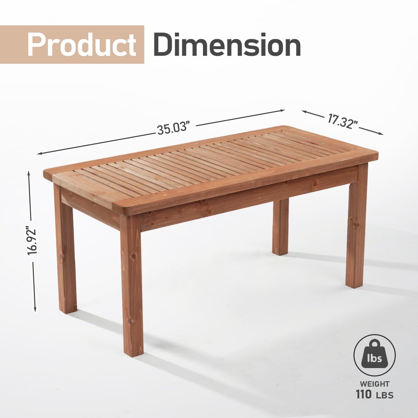 VINGLI Outdoor Wood Coffee Table, 35" Farmhouse Side Table for Patio, Solid Cedar Wood Accent Table with Slatted Tabletop, Weather-Resistant End Table for Garden, Poolside, Lawn, Living Room (Brown)