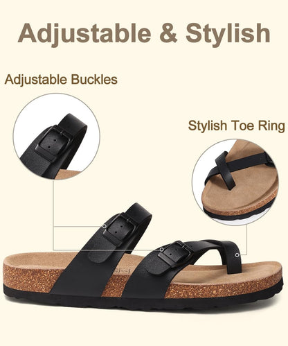 KIDMI Women's Cork Footbed Sandals with Toe Loop, Comfortable Summer Slip-On Slides with Adjustable Buckle