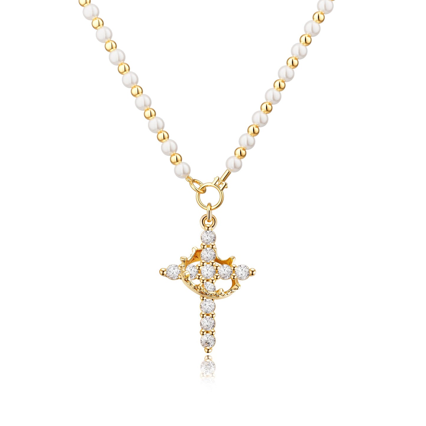 Robaice Cross Necklace for Women, 14K Gold Plated Crown Cross Pendant Necklace, Non-Tarnish Faith Jewelry for Women, Christian Religious Gifts