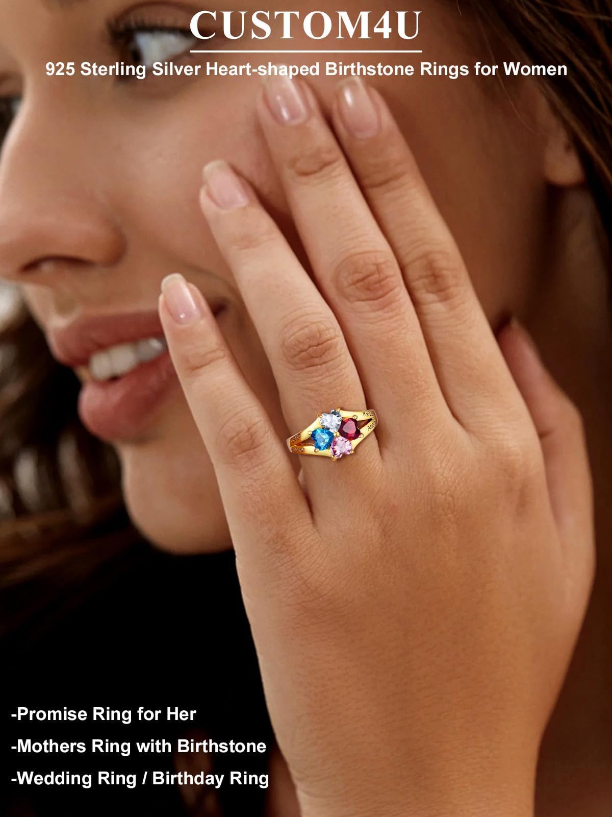 Custom4U Personalized 1-4 Birthstone Rings for Women Promise Rings for Her Sterling Silver Mothers Ring Customized Cubic Zirconia Stones Wedding/Valentine's Day/Mother's Day Jewelry Gift for Mom Wife