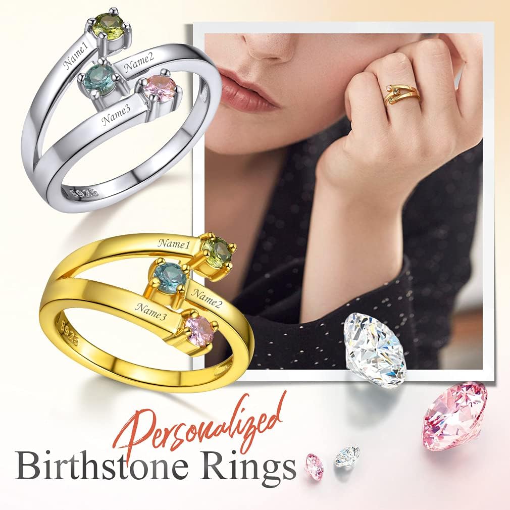Custom4U Personalized 1-4 Birthstone Rings for Women Promise Rings for Her Sterling Silver Mothers Ring Customized Cubic Zirconia Stones Wedding/Valentine's Day/Mother's Day Jewelry Gift for Mom Wife