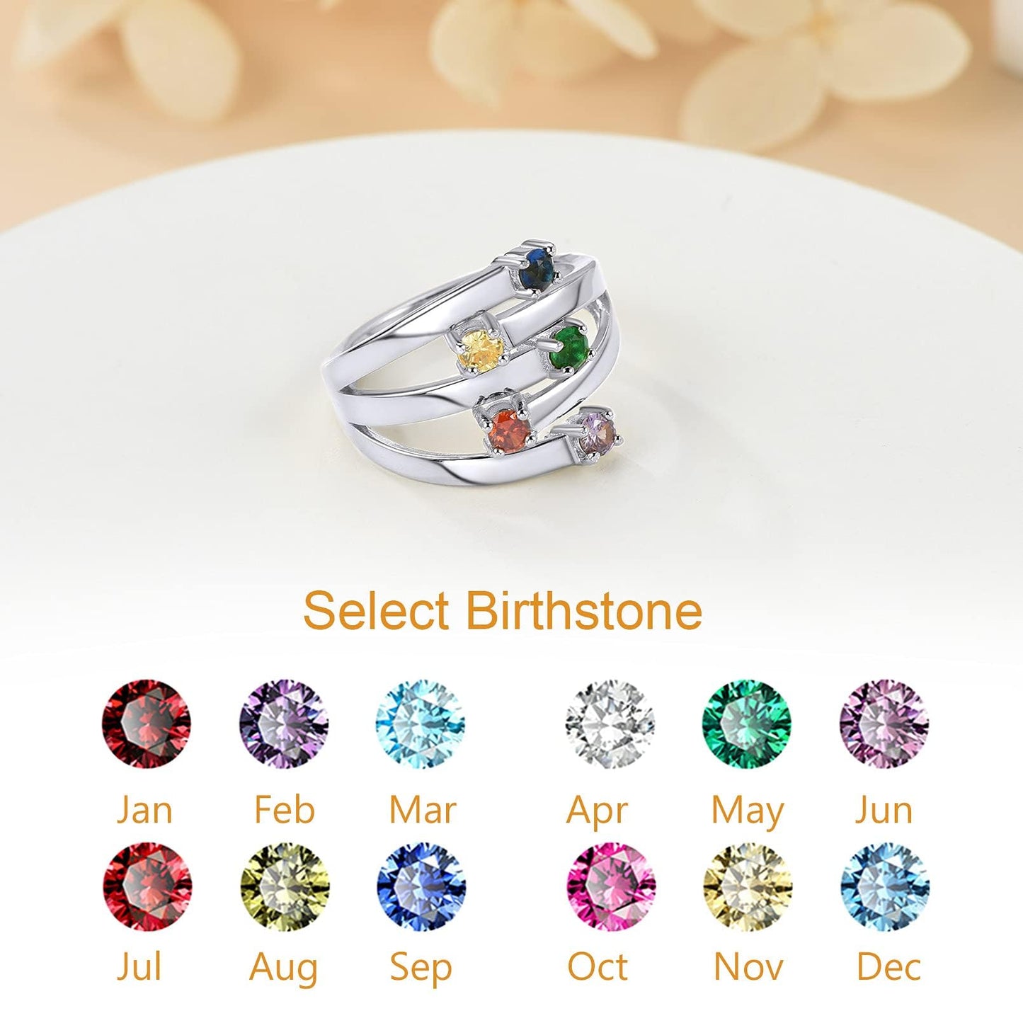 Custom4U Personalized 1-4 Birthstone Rings for Women Promise Rings for Her Sterling Silver Mothers Ring Customized Cubic Zirconia Stones Wedding/Valentine's Day/Mother's Day Jewelry Gift for Mom Wife