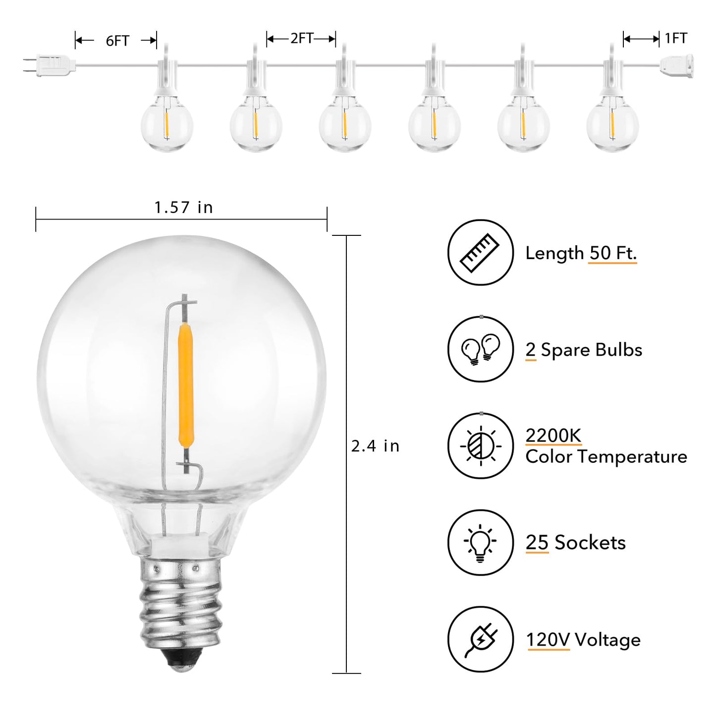Brightown Outdoor String Lights, 50FT 25 G40 Bulbs Shatterproof Patio Lights, IP65 Waterproof Dimmable Hanging Connectable Globe LED Outdoor Lights for Backyard, Bistro, Porch, Deck, Balcony
