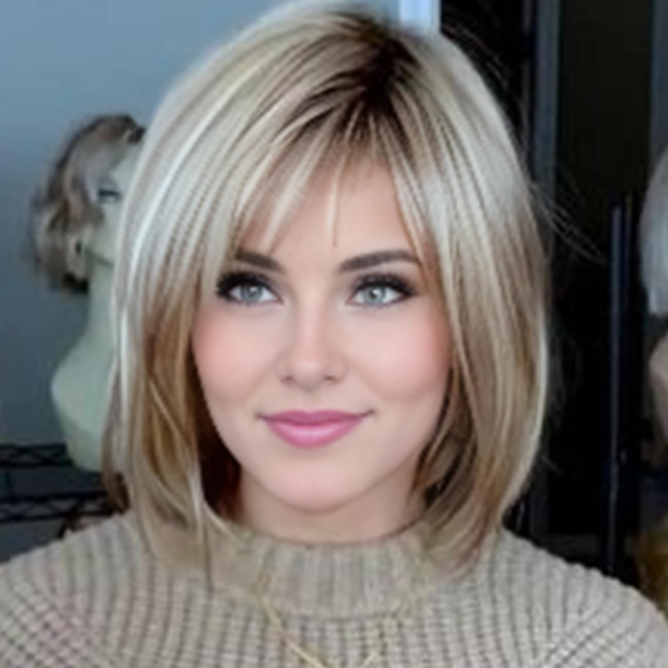 RENERSHOW Medium Length Bob Wigs for White Women Layered Blonde Highlight Straight Pixie Bob Wig with Bangs Heat Synthetic Natural Daily Party Wig 12inch Average Size Wig