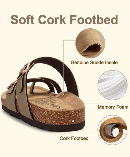 KIDMI Women's Cork Footbed Sandals with Toe Loop, Comfortable Summer Slip-On Slides with Adjustable Buckle