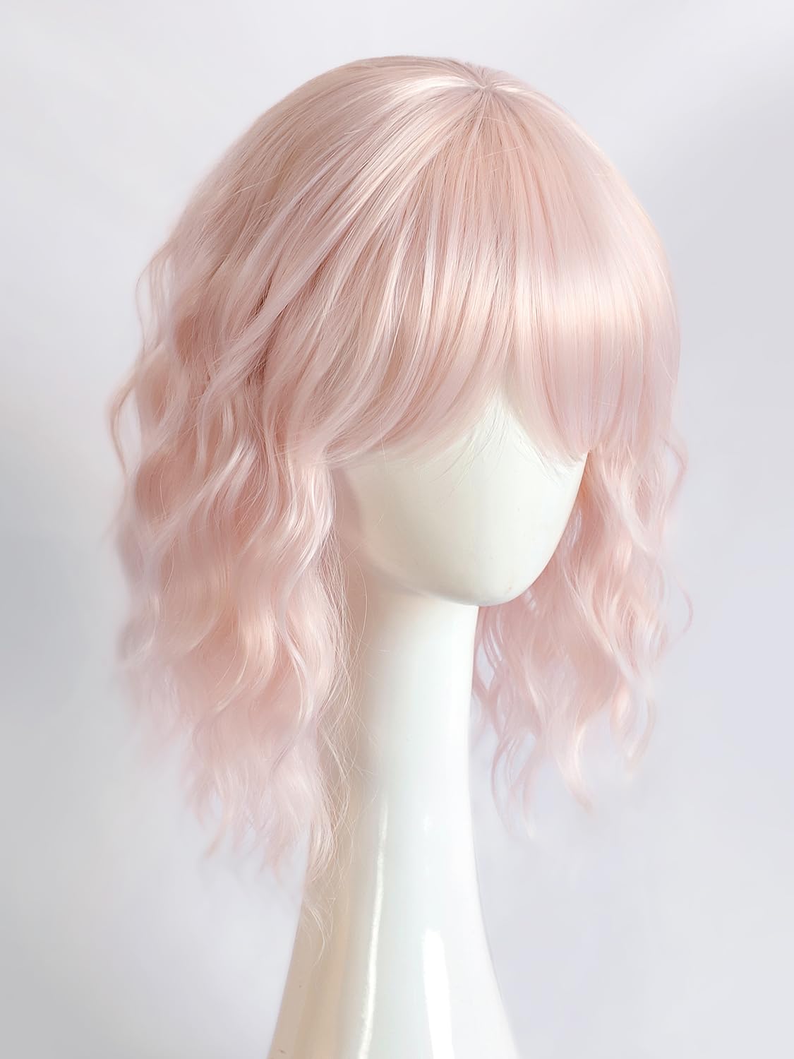 Bob Wavy Wigs for Women Reddish Caramel Brown Short Curly Hair Wig with Bangs Shoulder Length Style Synthetic Realistic Heat Resistant Wig for Everyday Hairstyle 16 Inch