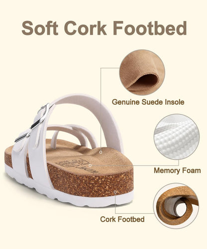 KIDMI Women's Cork Footbed Sandals with Toe Loop, Comfortable Summer Slip-On Slides with Adjustable Buckle