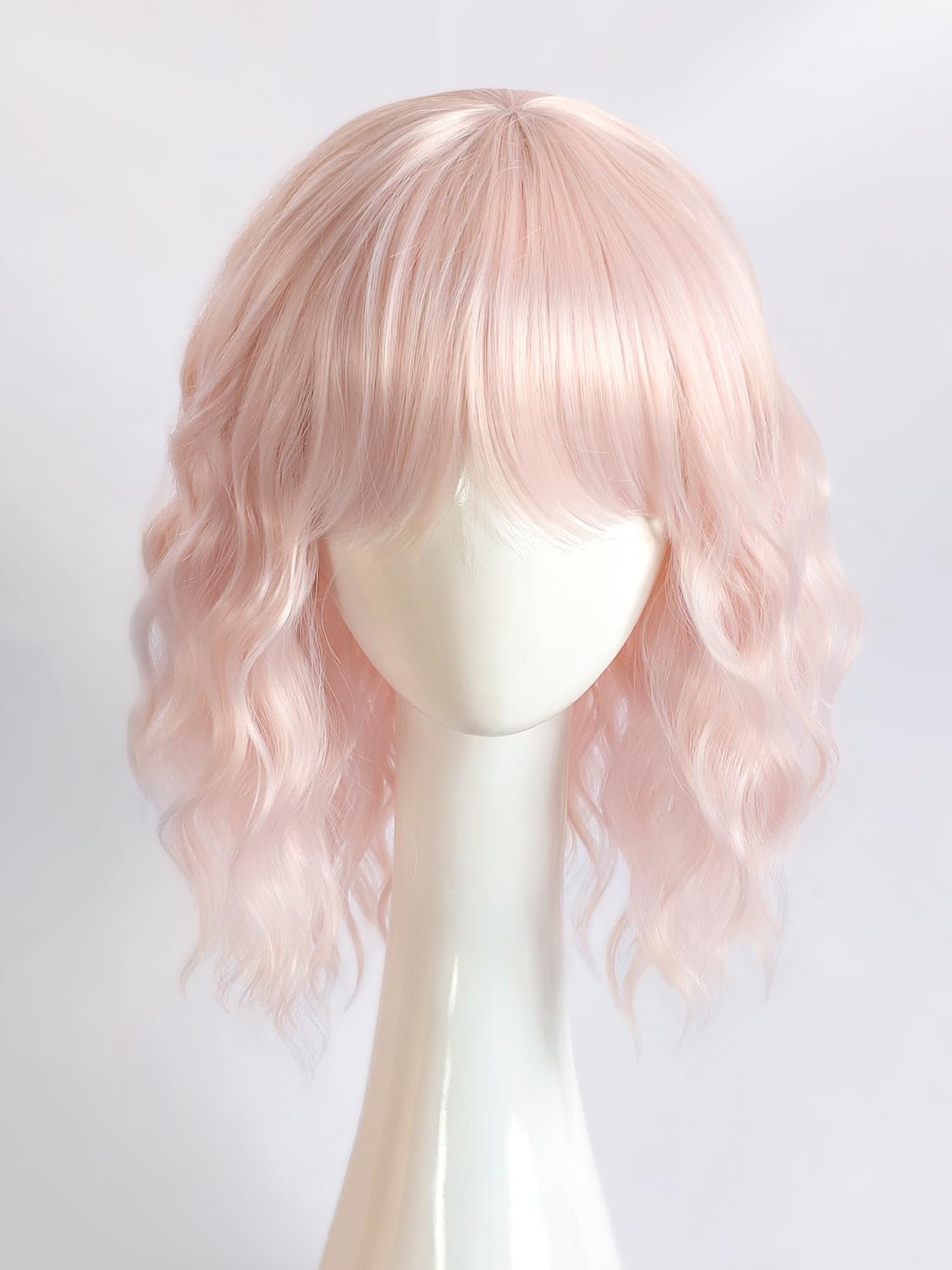 Bob Wavy Wigs for Women Reddish Caramel Brown Short Curly Hair Wig with Bangs Shoulder Length Style Synthetic Realistic Heat Resistant Wig for Everyday Hairstyle 16 Inch