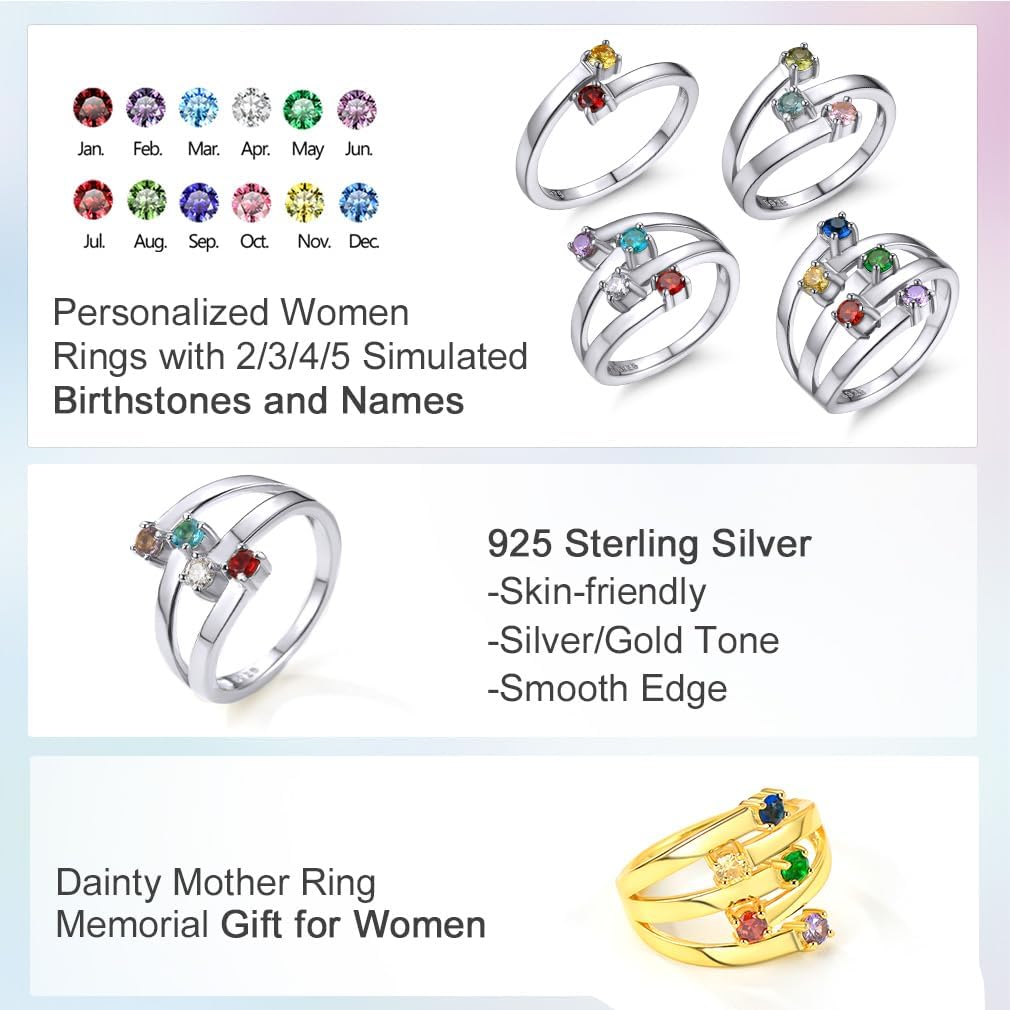 Custom4U Personalized 1-4 Birthstone Rings for Women Promise Rings for Her Sterling Silver Mothers Ring Customized Cubic Zirconia Stones Wedding/Valentine's Day/Mother's Day Jewelry Gift for Mom Wife