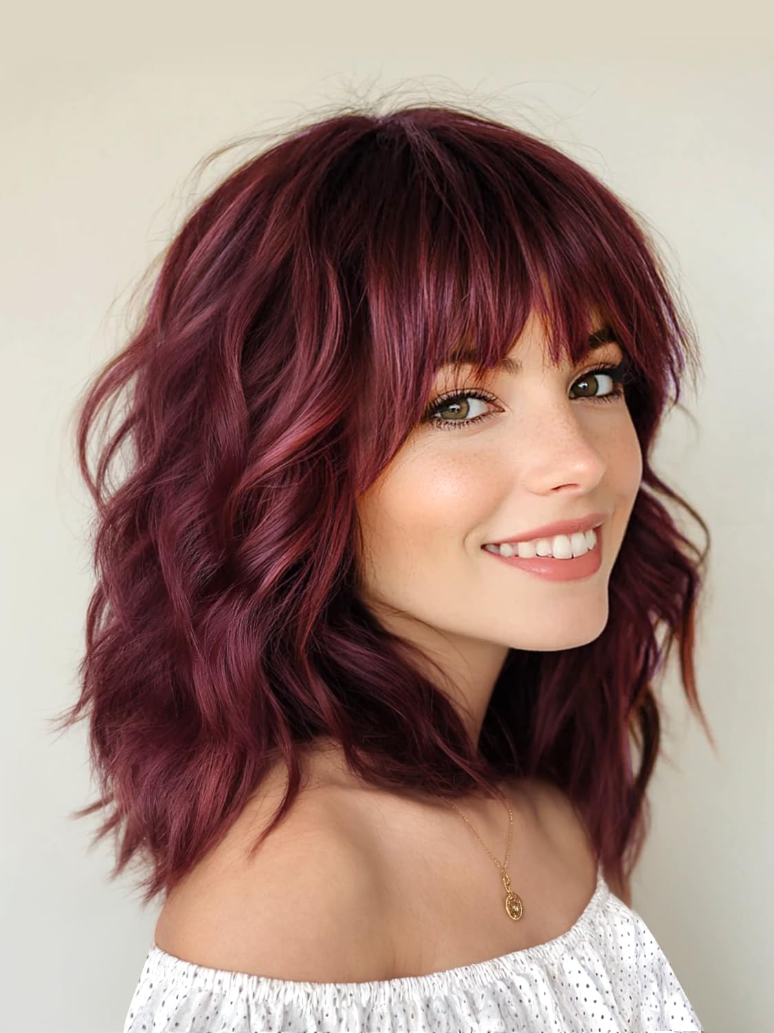 Bob Wavy Wigs for Women Reddish Caramel Brown Short Curly Hair Wig with Bangs Shoulder Length Style Synthetic Realistic Heat Resistant Wig for Everyday Hairstyle 16 Inch