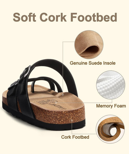 KIDMI Women's Cork Footbed Sandals with Toe Loop, Comfortable Summer Slip-On Slides with Adjustable Buckle