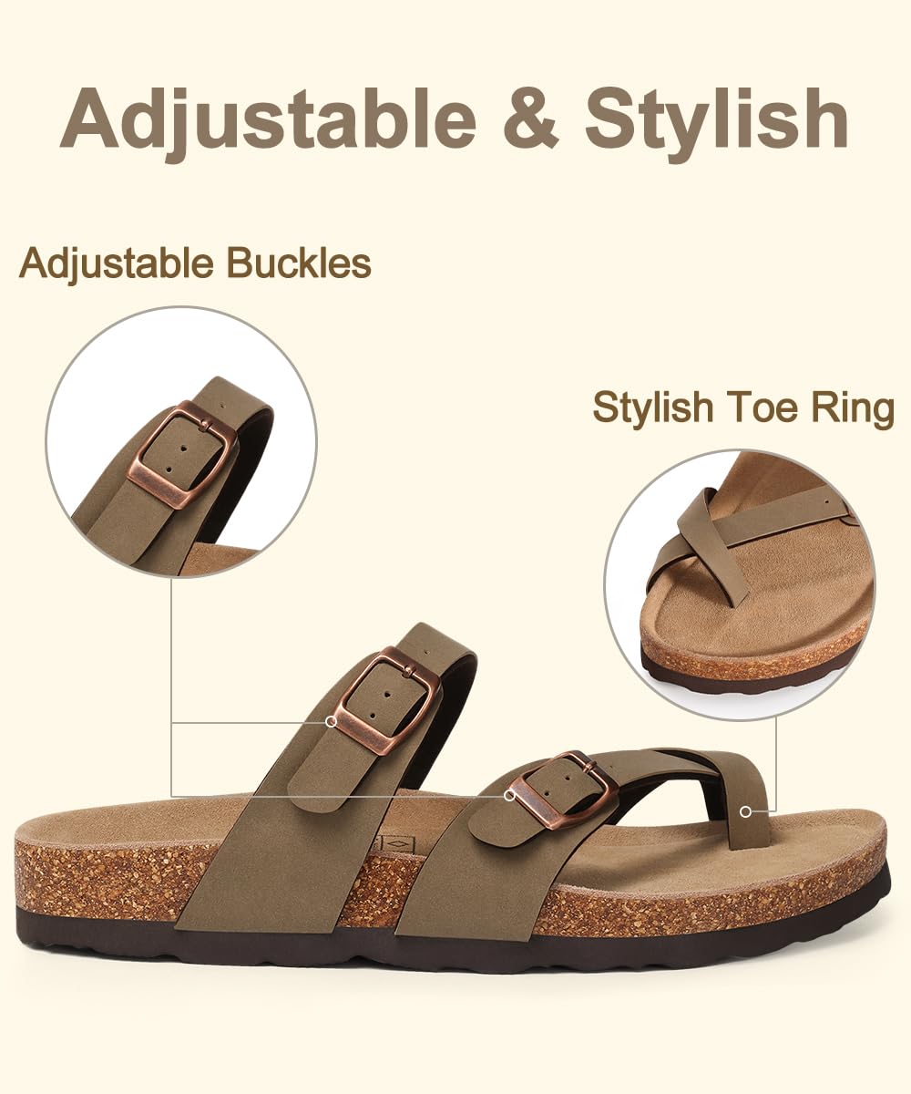 KIDMI Women's Cork Footbed Sandals with Toe Loop, Comfortable Summer Slip-On Slides with Adjustable Buckle