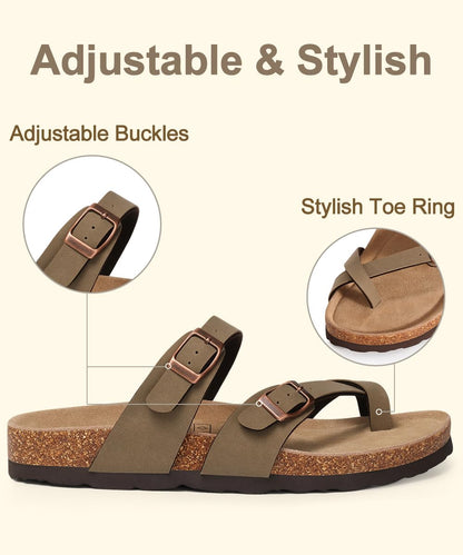 KIDMI Women's Cork Footbed Sandals with Toe Loop, Comfortable Summer Slip-On Slides with Adjustable Buckle