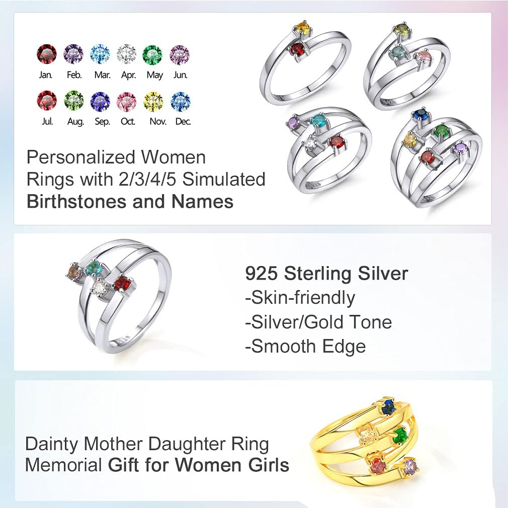 Custom4U Personalized 1-4 Birthstone Rings for Women Promise Rings for Her Sterling Silver Mothers Ring Customized Cubic Zirconia Stones Wedding/Valentine's Day/Mother's Day Jewelry Gift for Mom Wife