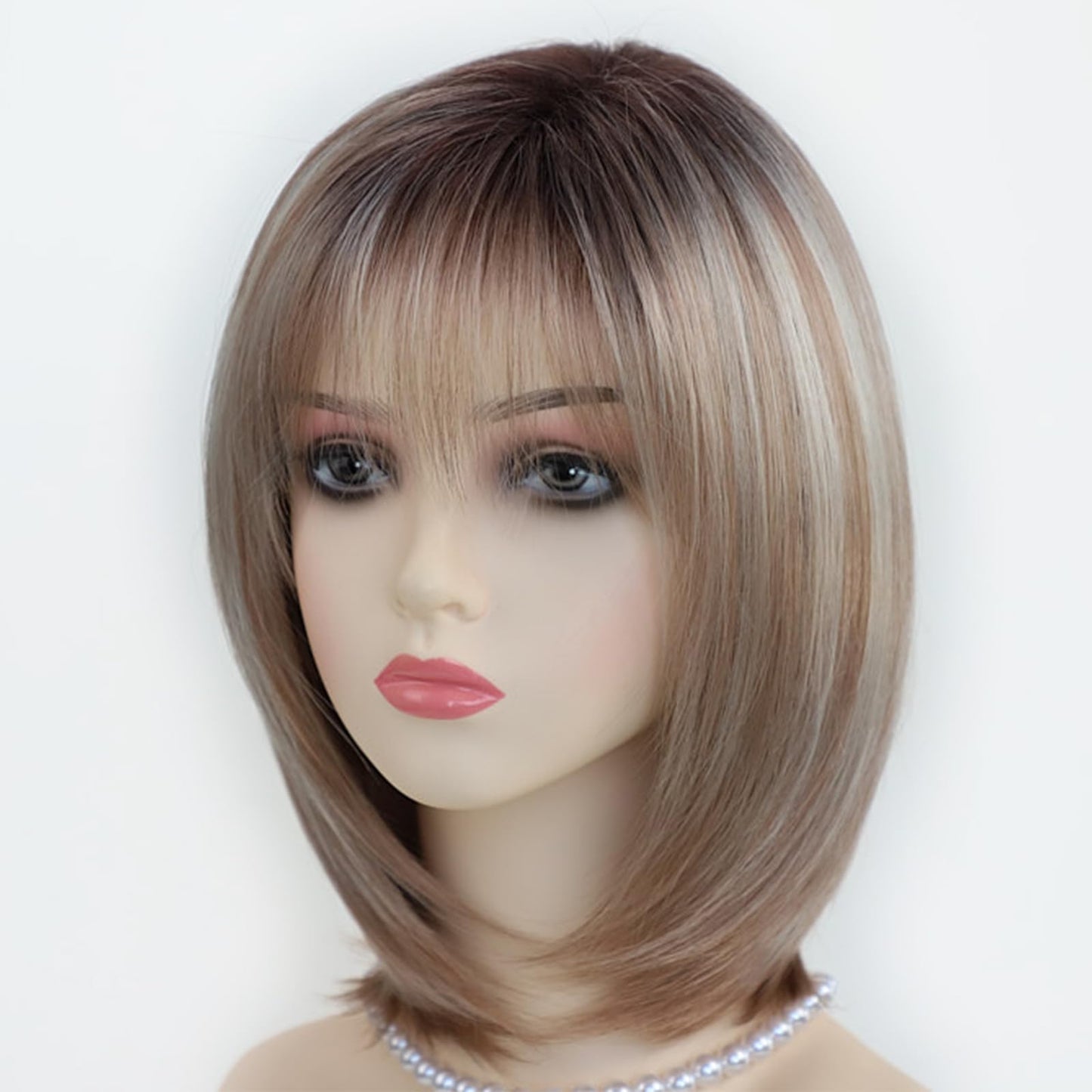 RENERSHOW Medium Length Bob Wigs for White Women Layered Blonde Highlight Straight Pixie Bob Wig with Bangs Heat Synthetic Natural Daily Party Wig 12inch Average Size Wig