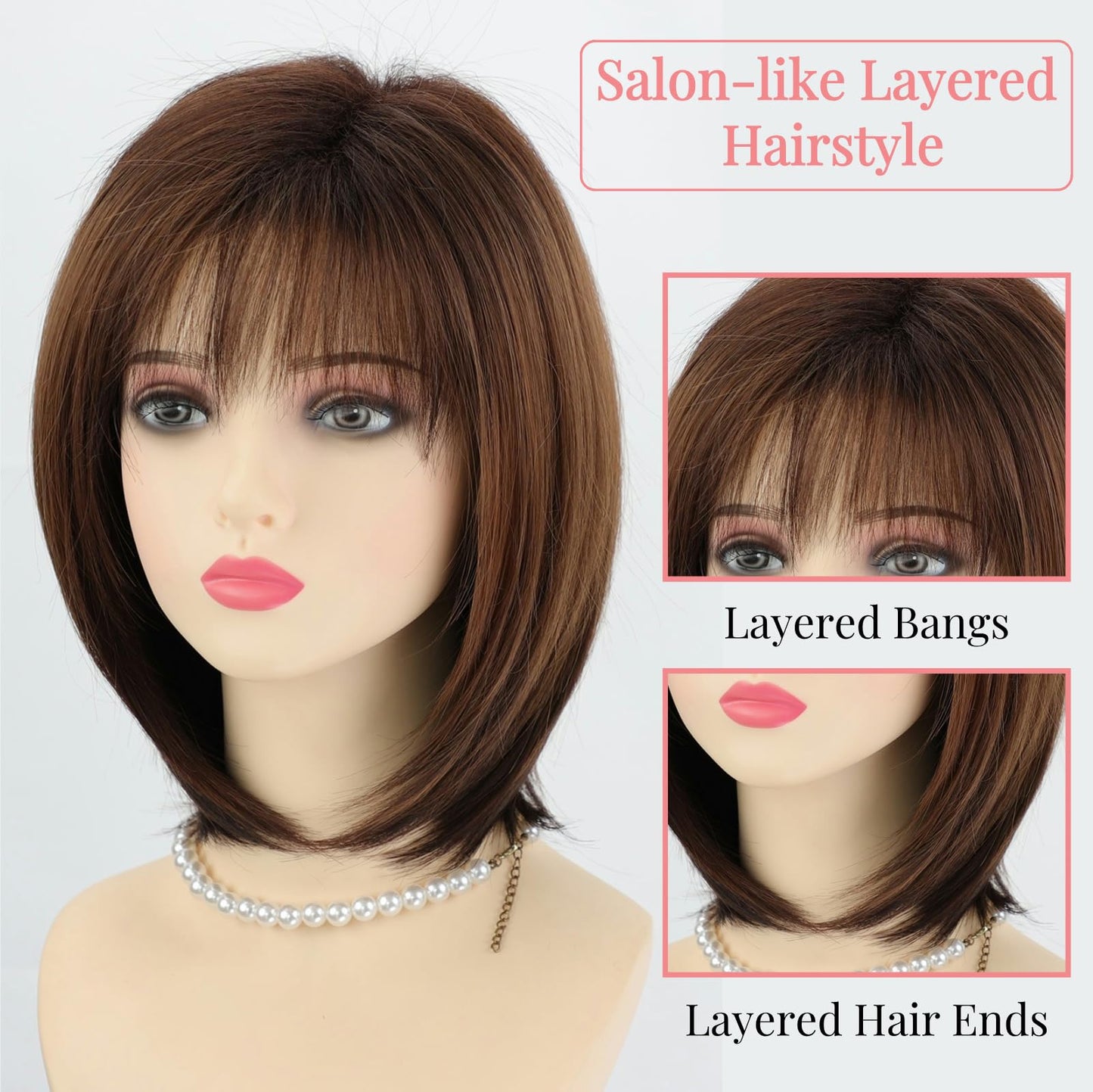 RENERSHOW Medium Length Bob Wigs for White Women Layered Blonde Highlight Straight Pixie Bob Wig with Bangs Heat Synthetic Natural Daily Party Wig 12inch Average Size Wig