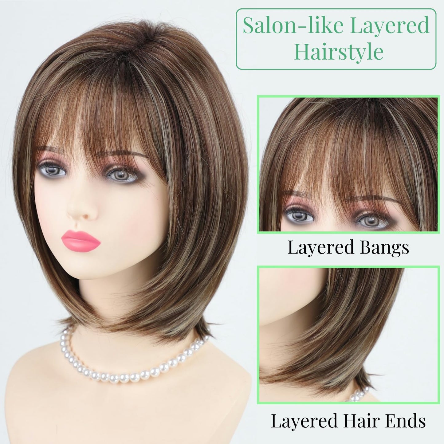 RENERSHOW Medium Length Bob Wigs for White Women Layered Blonde Highlight Straight Pixie Bob Wig with Bangs Heat Synthetic Natural Daily Party Wig 12inch Average Size Wig