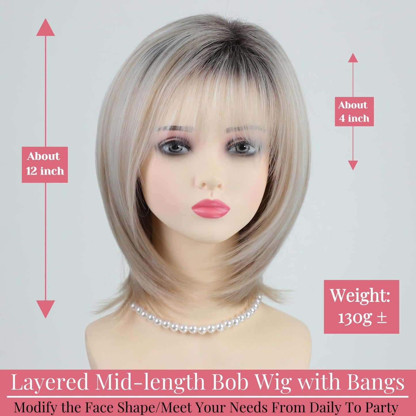 RENERSHOW Medium Length Bob Wigs for White Women Layered Blonde Highlight Straight Pixie Bob Wig with Bangs Heat Synthetic Natural Daily Party Wig 12inch Average Size Wig