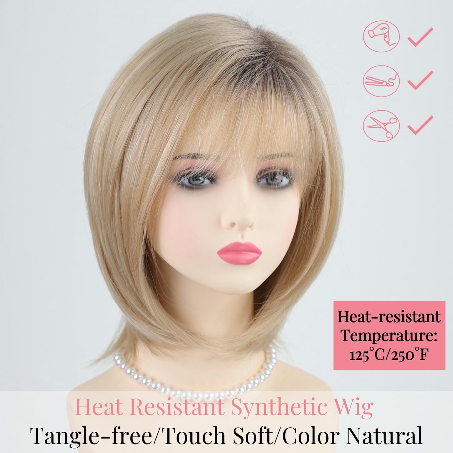 RENERSHOW Medium Length Bob Wigs for White Women Layered Blonde Highlight Straight Pixie Bob Wig with Bangs Heat Synthetic Natural Daily Party Wig 12inch Average Size Wig