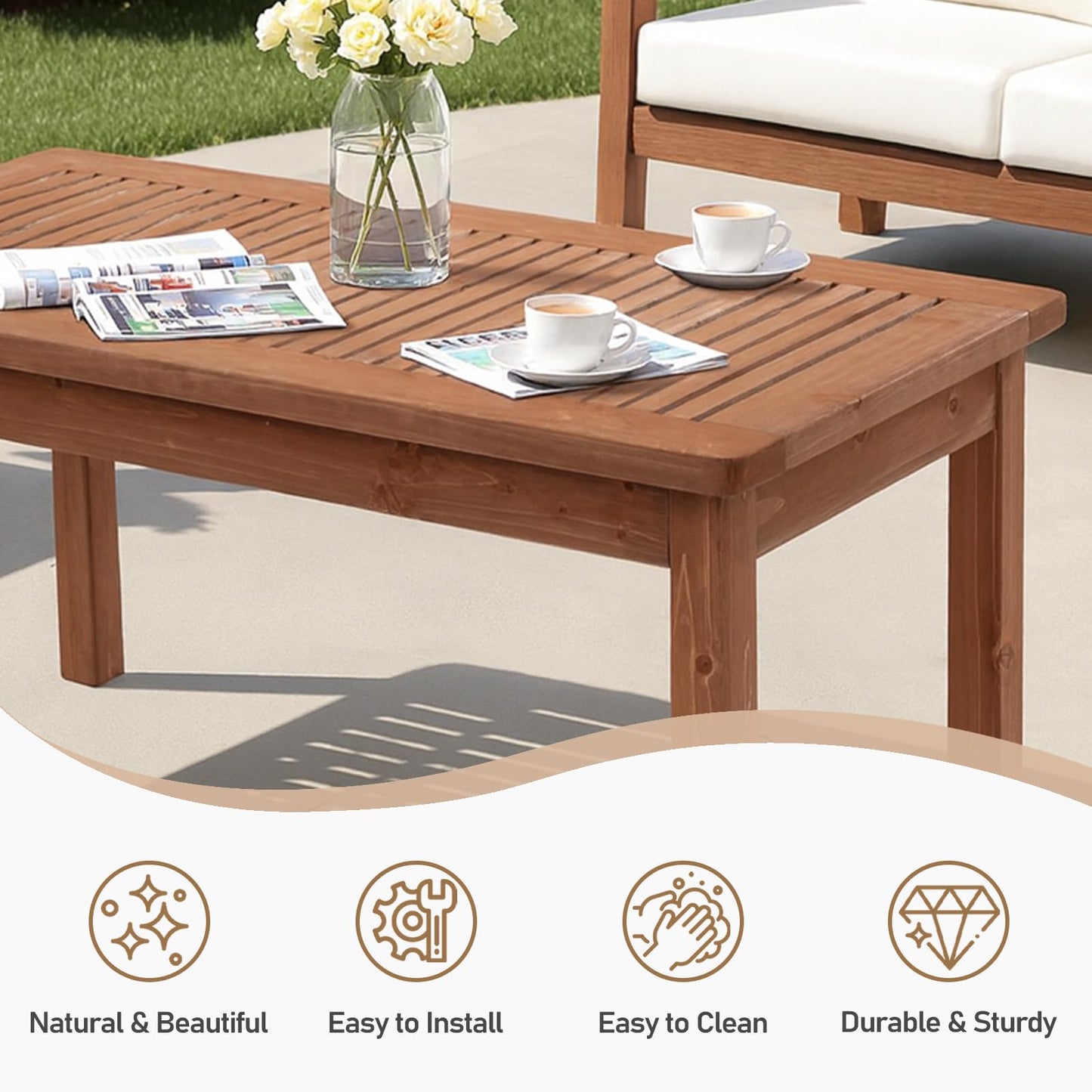 VINGLI Outdoor Wood Coffee Table, 35" Farmhouse Side Table for Patio, Solid Cedar Wood Accent Table with Slatted Tabletop, Weather-Resistant End Table for Garden, Poolside, Lawn, Living Room (Brown)