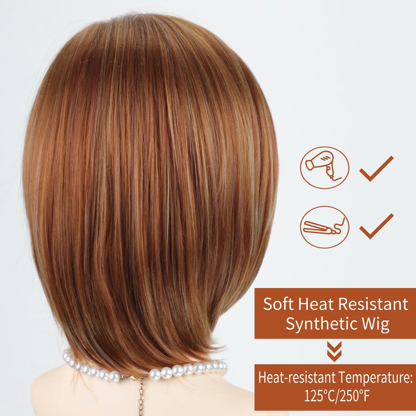 RENERSHOW Medium Length Bob Wigs for White Women Layered Blonde Highlight Straight Pixie Bob Wig with Bangs Heat Synthetic Natural Daily Party Wig 12inch Average Size Wig