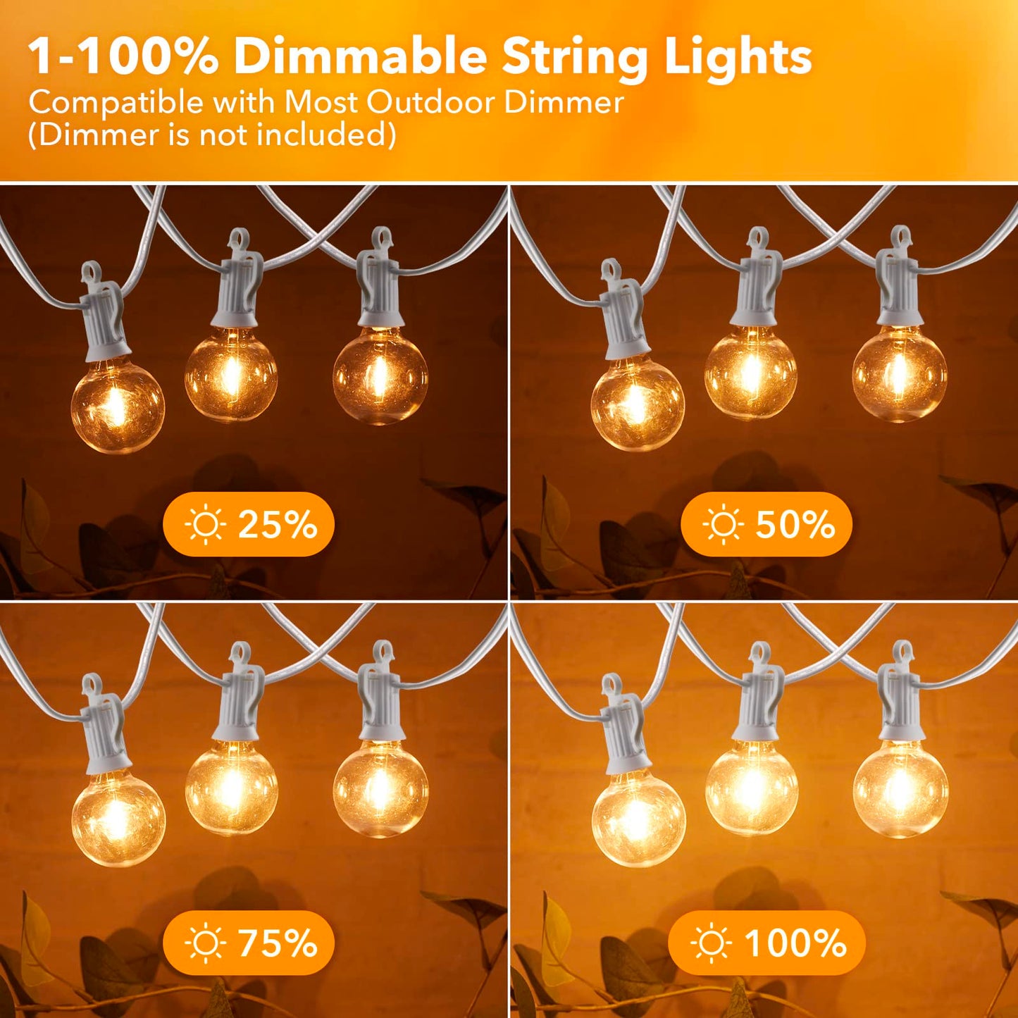 Brightown Outdoor String Lights, 50FT 25 G40 Bulbs Shatterproof Patio Lights, IP65 Waterproof Dimmable Hanging Connectable Globe LED Outdoor Lights for Backyard, Bistro, Porch, Deck, Balcony